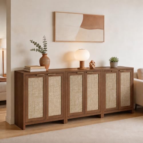 Image of OAKHAM HOME Rattan Sideboard Cabinet for Living Room, Brown, Set of 3 | Buffet Cabinet with 2 Soft-Close Doors, Adjustable Shelves and 110 lbs Top, For Living Room, Kitchen, Entryway