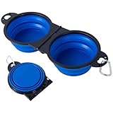 Platos Plegables Dobles para Perro Azul,Comedero para Mascotas,Silicona Portátil con Cierre Seguro,400ml por Cuenco...