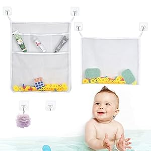 2Pcs Bath Toy Organizer, Durable Mesh Toy Net Bath Toy Holder with 6 No Trace Sticky Hooks, Bathroom Folding Mesh…