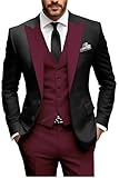 HUUTOE Burgundy Suit for Men Tuxedos 3 Piece Set Classic Fit Black Suit Maroon Red Mens Slim Fit Wedding Tux for Prom Dress Black Wedding Men Suits for Big and Tall Prom Suits 2025 XL