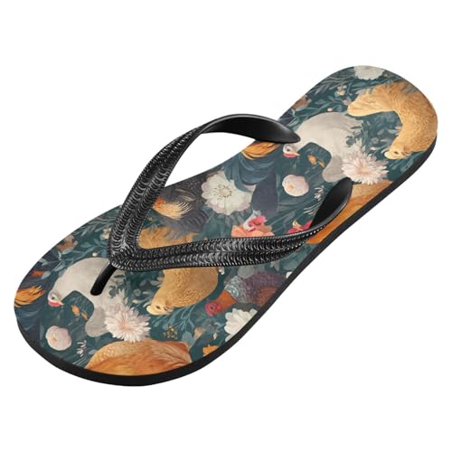 ALAZA Rooster Hen Flowers Farm Animal Flip Flops for Women Fashion Beach Slippers Comfort Mens Flip Flops Non-Slip Rubber Shower Slippers Sandal for Hotel Travel Sport,XS2