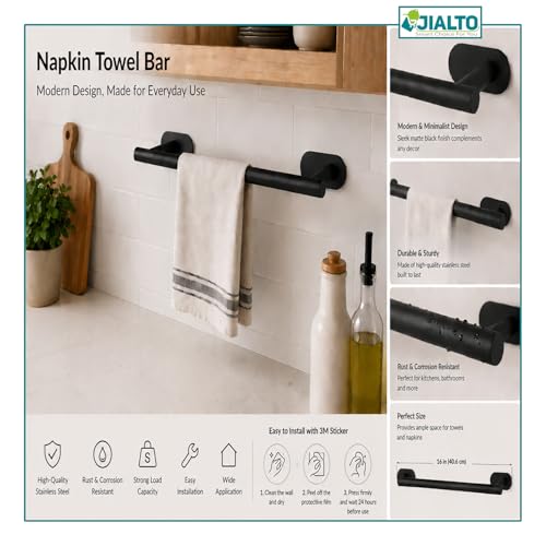 Image of JIALTO 16 Inch Self Adhesive Stainless Steel Towel Bar /Towel Hanger for Bathroom /Wall Mounted Bathroom Towel Holder /Towel Rack for Bathroom /Hand Towel Stand for Kitchen and Washroom (Black)