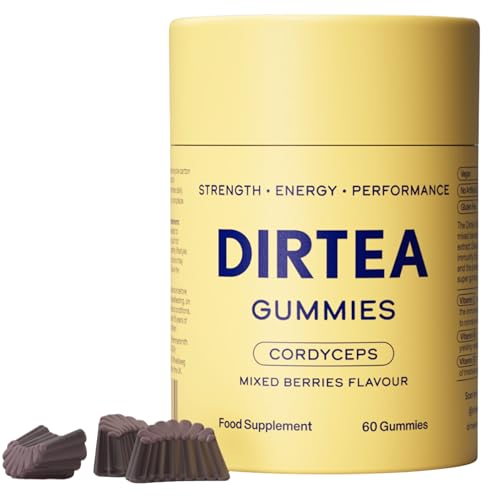 DIRTEA Cordyceps Mushroom Gummies - Vegan Natural & Sugar Free with Vitamin C B3 & B5 - Energy & Performance Supplement - 1 Months Supply - 3 000mg per Serving - 60 Gummies - Mixed Berries Flavour