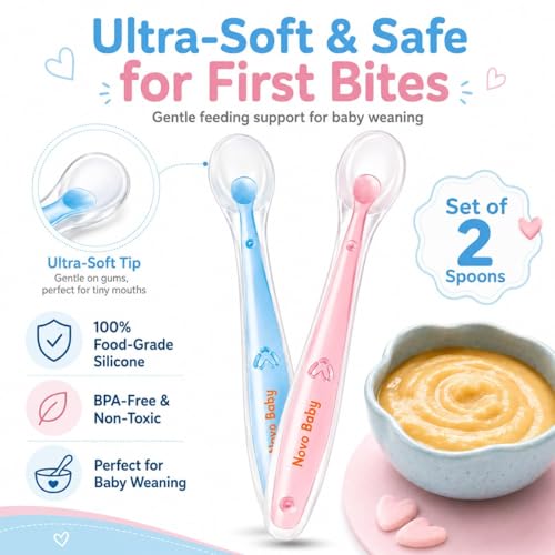 Image of Novo Baby Silicone Spoon for Baby | Set of 2 Feeding Spoons with Ultra-Soft 100% Food-Grade Silicone Tips, BPA-Free Utensils for Baby Weaning, Ideal for Infants 4M+ (Pink & Blue)