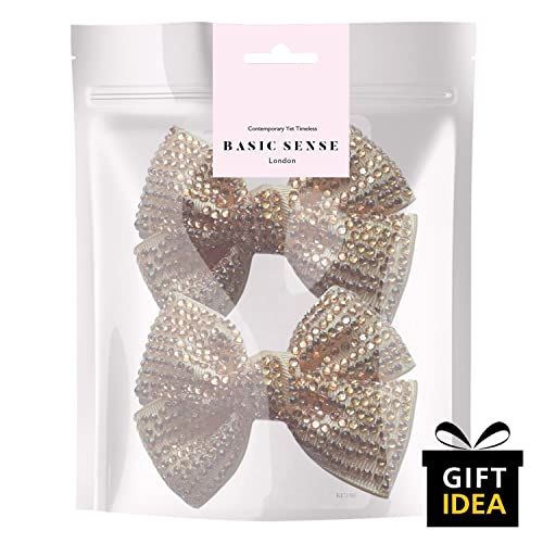BasicSense 2 Pieces Rhinestone Bow Hair Clips Diamante Ribbon Crocodile Alligator for Girls Gold, 1 count (Pack of 2) - Image 4