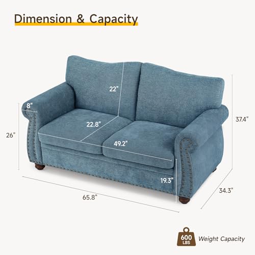 Image of ONBRILL Nailhead Sofa, 66 Inch Small Couch with Rolled Arms, Chenille Fabric Loveseat w /Springs Seat Cushion, Vintage Curved Back, Turned Wood Legs, Comfy Couch for Living Room, Farmhouse, Teal