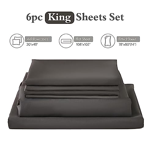 Image of ILAVANDE King Size Sheets Set 6 Piece,Hotel Luxury Super Soft 1800 Series Microfiber Grey Bed Sheets King Set-Wrinkle Free & Breathable-14 Deep Pocket Sheets for King Size Bed(King,Neutral Grey)