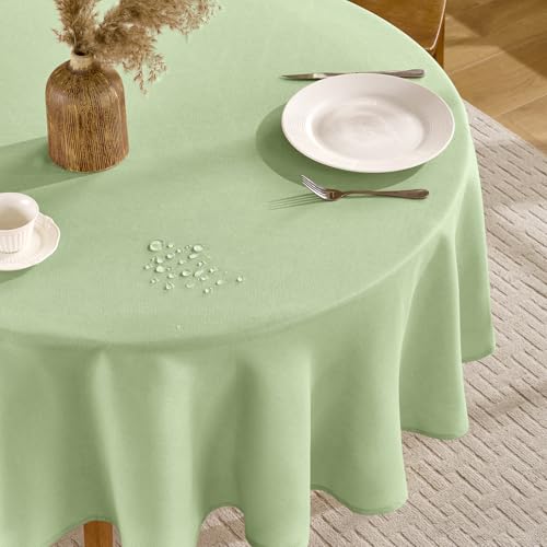 FIBORIA Runde Tischdecke Outdoor 120 cm Grün Abwaschbar Leinenoptik Tischdecken Wasserabweisende Tischwäsche Abwischbare Tischtuch Table Cloth für Frühling Ostern Camping Garten Hochzeiten Geburtstag