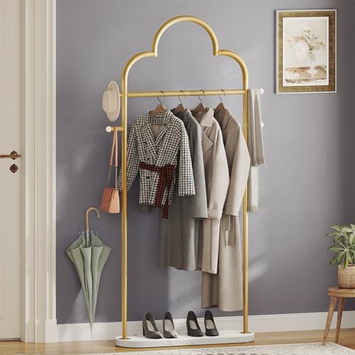 YATINEY Coat Rack Freestanding, Heavy Duty Clothes Rack with 4 Hooks, Metal Coat Hanger Stand with Stable Base, Gold Clothing Rack for Entryway, Bedroom, Office, Gold and Marble White YM04DM