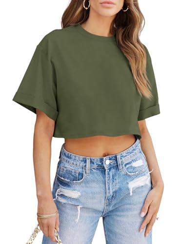 Image of Tankaneo Women Crop T-Shirts Half Sleeve Drop Shoulder Cropped Tops Y2K Casual Summer Basic Tees
