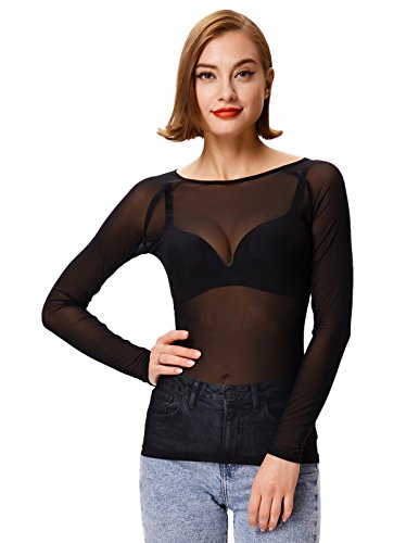 See Through Net Bodysuit Long Sleeve Mesh Tee Shirt Tops for Women (L,Black)