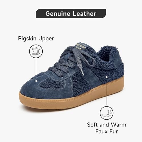 BEAU TODAY Sneaker Boots for Women,Fur Lined Winter Shoes for Women,Comfortable Platform Leather Retro OG Sneakers,Slip-on Tennis Runnig Trainer Shoes2