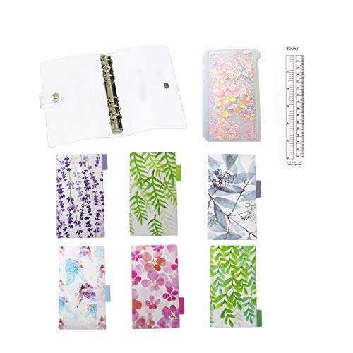 LONG TAO A6 6-Ring Loose Leaf Binder Journal with 6 Natural Print Colorful Index Divider Tabs,1 Clear Page Maker Ruler, 1 Sequin Ziplock Pouch Includedï¼ŒRefillable