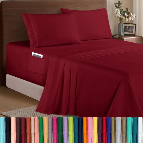 Image of Elegant Comfort Luxury 1500 Premium Hotel Quality Microfiber 4-Piece Sheet Set - Soft, All Around Elastic 18-24 Inches Deep Fitted Sheet - Extra Deep Pocket Sheets, Twin /Twin XL, Burgundy