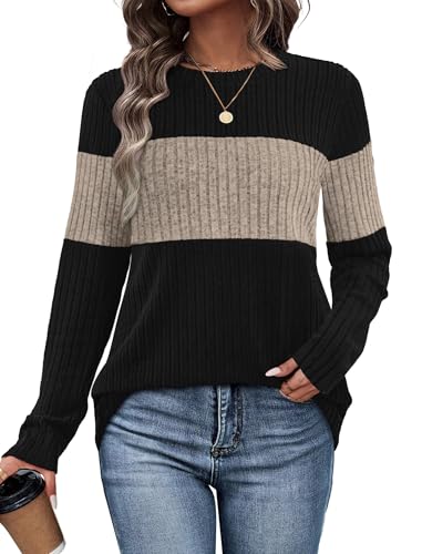 WIHOLL Womens Sweaters Fall Clothes Fashion 2025 Work Blouses Dressy Casual Long Sleeve Shirts Color Block Womens Tops Old Money Clothes Anthropologie Khaki XL