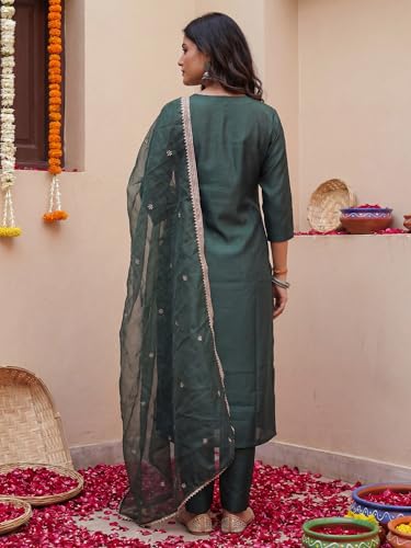 Image of INDO ERA Women's Cotton Solid Straight Kurta Palazzo With Dupatta Set