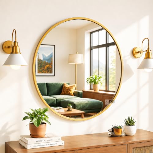 Image of 30 inch Vanity Round Home Decor Wall Mirror in Gold I Metal Frame Mirror I Modern Design Gold Metal Frame Mirror I Decorative Mirror for Bathroom Wash Basin, Bedroom, Drawing Room (Gold-30)