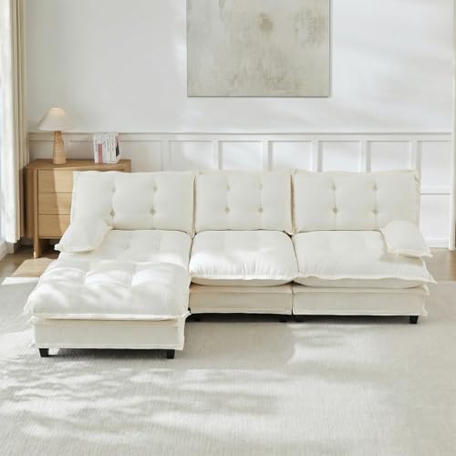 Image of 107 inch L-Shaped Sectional Couches for Living Room, Beige 3 Seater Modern Chenille Deep Seat Sofa Set, Salas para Casa, High Back Cloud Couch Modular Sectional Sets with Ottoman