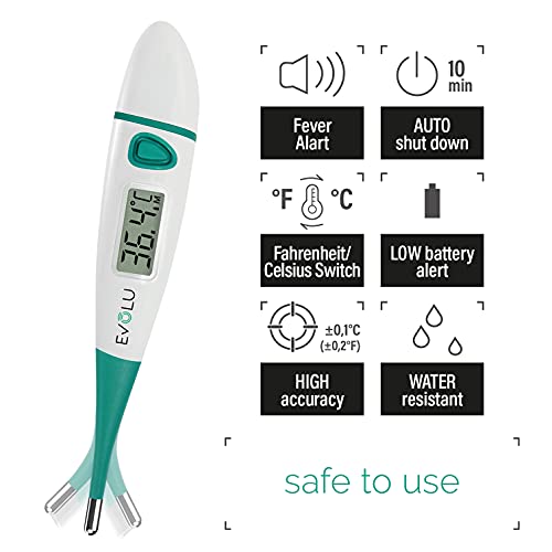 Evolu Wasserdichtes Flexibles Digitales Thermometer Messung in Mund, Rektal oder Achsel mit flexibler Messspitze in 10 Sek - Babys, Kinder, Erwachsene - hohe Präzision - mit Aufbewahrungsbox