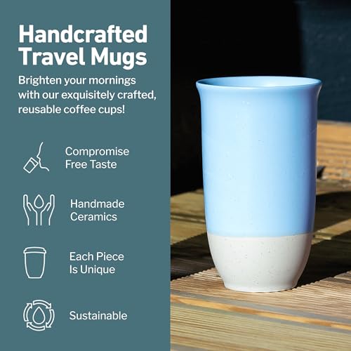 Image of NOVA CERAMICS Travel Mug - Ceramic Coffee Mug With Lid - Microwave & Dishwasher Safe Coffee White & Grey Tumbler - Fits In Cup Holder - 16oz - Coastal Drift