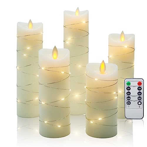 CCLIFE Bougies LED en cire véritable avec télécommande,fonction minuterie,en paraffine,sans flamme, alimentées par batterie,Blanc 5 pièces