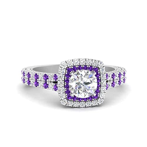 Image of 55Carat Choose Your Gemstone Double Band Square Halo Diamond CZ Ring 925 Sterling Silver Round Shape Halo Engagement Rings Everyday Jewelry Wedding Jewelry Handmade Gifts for Wife US Size 4 to 12