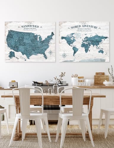 Image of IPIC Vintage Teal World Maps for Wall, World Map Canvas, Size 30x24 in