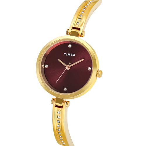 Image of TIMEX Analog Watch for Women with Maroon Round Dial & Rose Gold Brass Bracelet Band Water Resistant Women's Wrist Watches - TWEL200SMU04