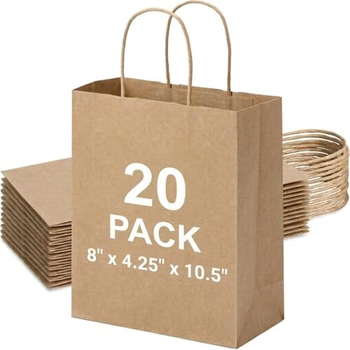 METRONIC Brown Paper Bags 8x4.25x10.5 20Pcs, Heavy Duty Gift Bags