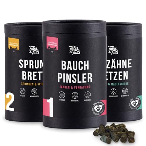 Tales & Tails - Rundum-Sorglos-Paket 3er Paket aus Snacks für Verdauung | Sprungkraft und Zahnpflege | Für Allergiker | Getreidefrei | 3 Dosen - 3 x 325g