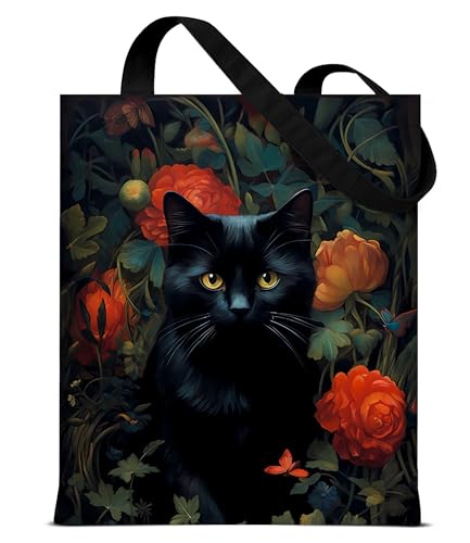 Image of Cute Cat Canvas Tote Bag for Women, Aesthetic Reusable Shoulder Bag for Shopping Travel Work