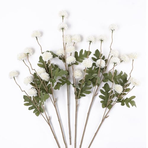 mizii 6Pcs White Fake Silk Pompon Mum Artificial Flowers Bulk Small Faux Chrysanthemums with Stems Realistic Floral Decorations for Wedding DIY Bouquet Centerpieces Shower Vase Home Decor (White)