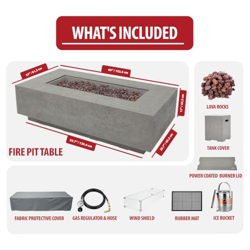 Image of AMS Creations | Madison 60 inch Bundle Rectangular Propane Gas Outdoor Fire Pit Table | Light Gray Concrete GFRC | Limestone Texture or Surface | Electronic Ignition | Outside Backyard Fireplace