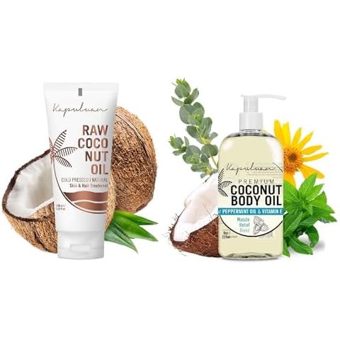 Kapuluan Raw Coconut Oil for Skin, Hair – Raw Extra Virgin Coconut Oil 200ml and Massage Body Oil,Muscle Relief Blend with Arnica, Peppermint & Rosemary - 8 oz - Bundle Cover