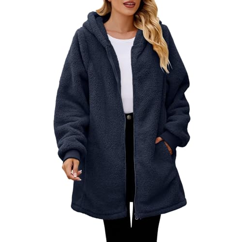Chaqueta larga de forro polar con cremallera completa para mujer, a la moda, elegante, color sólido, manga larga, abrigo de peluche de invierno con bolsillo, chaquetas de invierno, azul marino, L