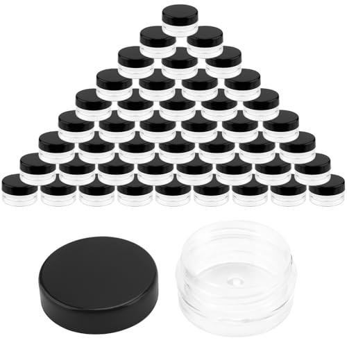 SHEUTSAN 200 Pack 3 Gram Plastic Jars with Black Lids, 3ml Plastic Makeup Sample Containers, Empty Clear Containers for Samples, Make Up