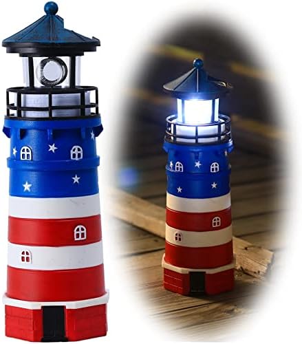 Solar Powered Lighthouse Decor,Solar Lighthouse with Rotating Beacon, 360 Degree Rotating Lighthouse Decoration, Best Lighthouse Gifts for Children(US Flag Blue Top)
