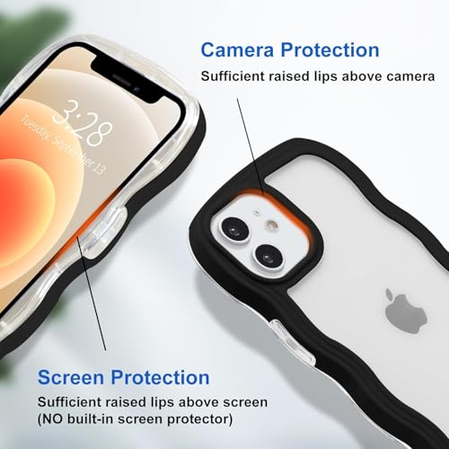 Image of GoldKart iPhone 12 /12 Pro Case Wavy Edge Clear Back Design, Anti-Slip Grip Cute Wave Curly Frame Shape Shockproof Soft TPU & Hard PC Bumper Protective Phone Case Cover for Women Girls - Black