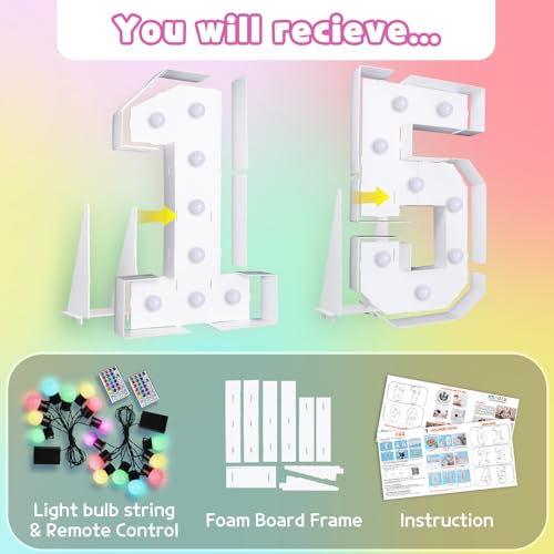 Image of Imprsv Colorful 4FT Marquee Numbers Light up Numbers 15 Birthday Decoration | RGB with Remote, Party Decorations Anniversary Wedding Decorations Assembly Required Foam Board 42 Pcs Accessory Set