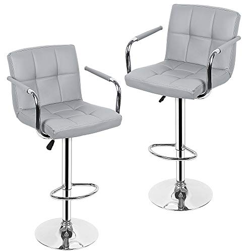 Flyelf Lot de 2 Tabourets de Bar Réglables, Pivotant et Réglable en Hauteur 87-107 cm, Tabouret avec Dossier Accoudoirs et Repose-Pieds (Gris Clair)