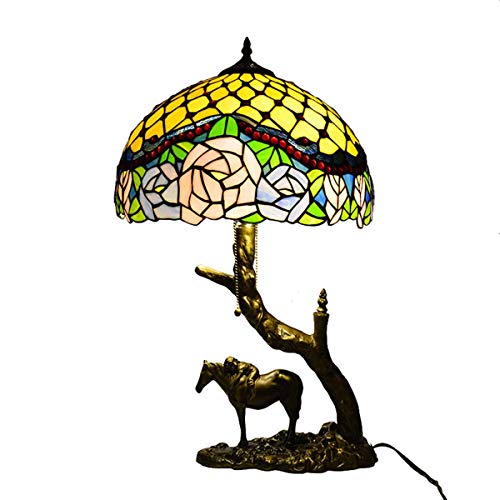 Pastoral Rosetable Lampe Stil Glasmalerei Schreibtischlampe Vintage Harz Pony Base Kinder Nachttischleuchten Für Wohnzimmer Schlafzimmer Studie