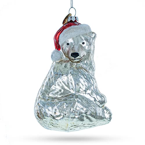 Polar Bear in Santa Hat Glass Christmas Ornament