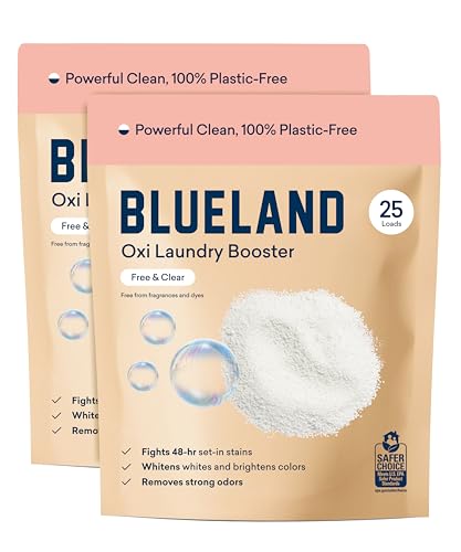 BLUELAND Oxi Laundry Booster Powder Refill 2-Pack, Fragrance Free & Clear, 50 Loads, 35.2 oz, Plastic-Free, Eco Friendly, Oxy Cleaner, Stain Remover