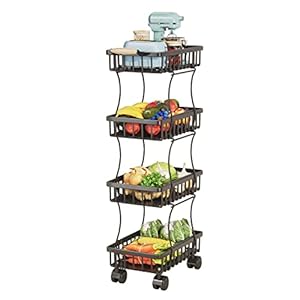 Wisdom Star 4 Tier Fruit Vegetable Basket for Kitchen, Storage Cart, Vegetable Basket Bins, Wire Storage Organizer Utility Cart with Wheels, Medium, Black Wisdom Star 4 Tier Fruit Vegetable Basket for Kitchen Storage Cart Vegetable Basket Bins Wire Storage Organizer Utility Cart with Wheels Medium Black