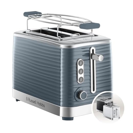 Russell Hobbs brödrost, rostar 2 skivor, 6 justerbara rostningsgrader, extra breda fack, uppvärmningsgaller, upptining och uppvärmningsfunktion, grå, 1050W, Inspire Exklusiv för Amazon
