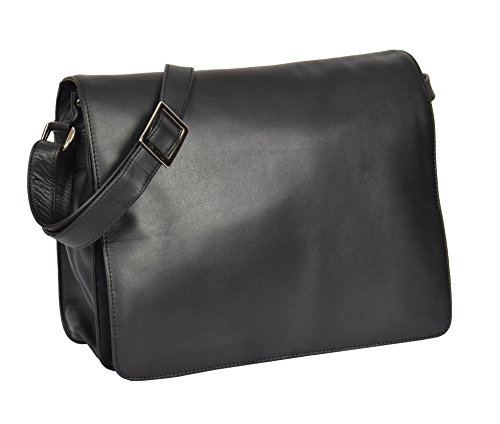 Womens Real Leather Satchel Shoulder Organiser Cross Body Flap over Handbag Maui Black, L
