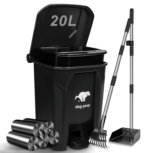 Image of Dog Poop Trash Can Outside with Pooper Scooper, 20L /5Gal Dog Waste Trash Can with Lid, Pedal and Removable Inner Bin, Pet Poop Bin with Metal Rake & Tray and 100 Bags