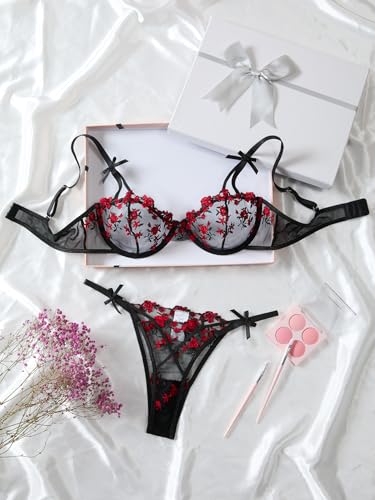 Image of Lilosy Sexy Underwire Cute Push Up Strappy Embroidered Mesh Sheer Lingerie Set See Through Panty Bra