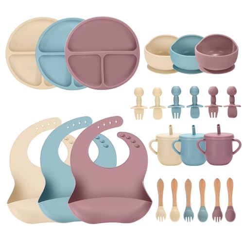 JELLDJK 24 PCS Silicone Baby Feeding Set Baby Led Weaning Supplies Includes Suction Bowls and Divided Plates Adjustable Silicone Bib Spoons&forks Training cup with straw(Pink+Blue+Beige)
