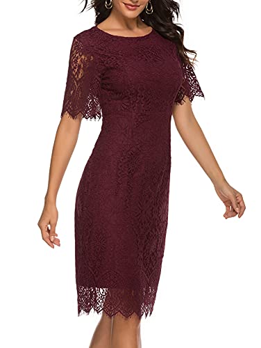 Merokeety LACE001-SHORTWINE-L Women'S Short Sleeve Lace Floral Cocktail Dress Crew Neck Knee Length thumb #6